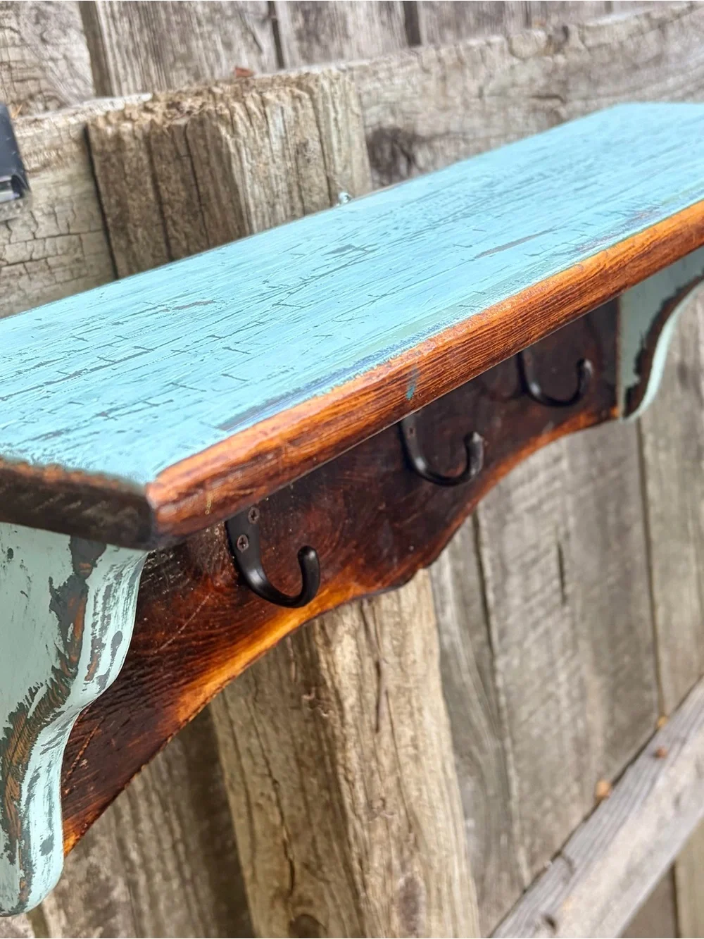 Handcrafted Rustic Reclaimed Heartwood Pine Wall Shelf with Hooks Distressed